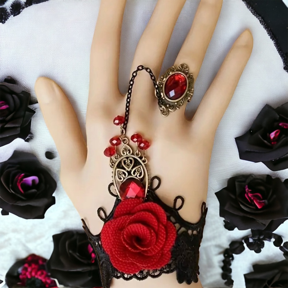 Vintage Style‎ Red Rose Design Bracelet Ring Integrated Gothic Mitten Bracelet
